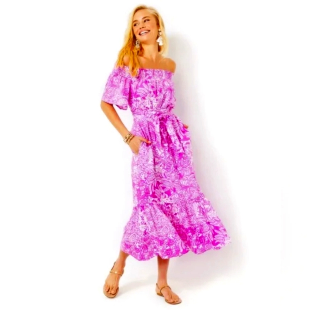 Isbell Off the Shoulder Linen Midi Dress in Wild Fuchsia